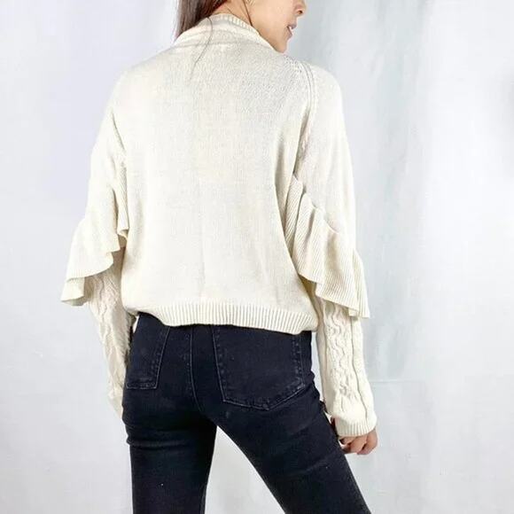 Naadam Volta Ruffle Mock Neck Cable Pullover Sweater Cream Womens Size Medium - Picture 2 of 8